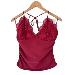 Y2K Romantic Halter Babydoll Red Top Lace Trim Lolita Whimsical Size L Cropped